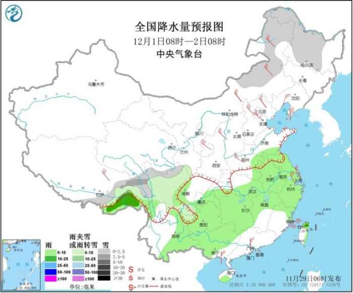 全国降水量预报图(12月1日8时-2日8时)