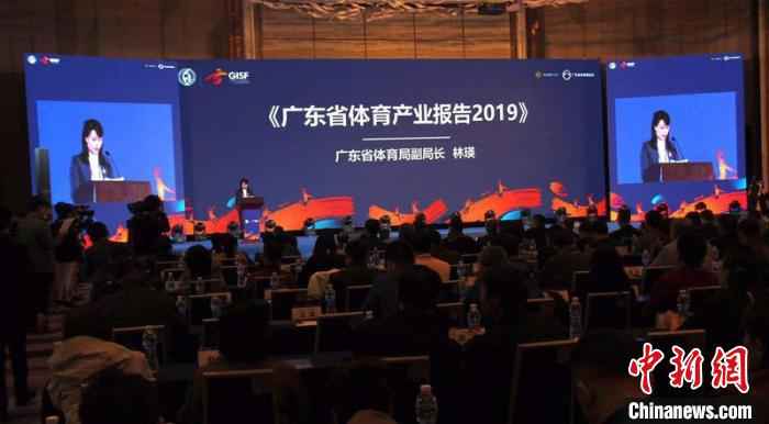 广东省体育局副局长林瑛代表省体育局发布《2019年广东省体育产业报告》 主办方供图 摄 广东发布体育产业报告 总规模位居全国前列