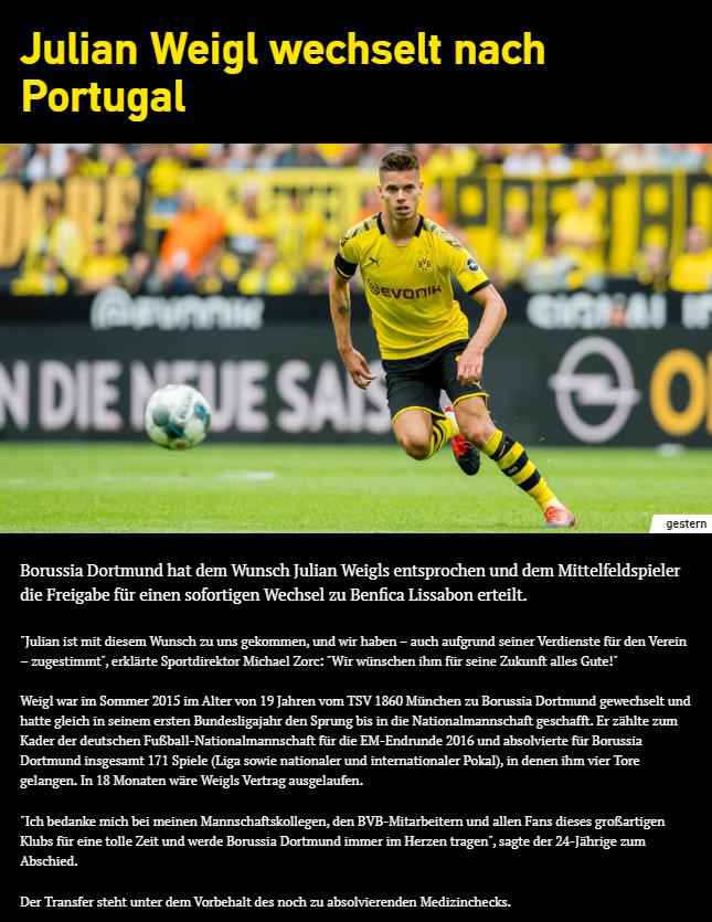 多特蒙德网站消息截图。 多特蒙德:魏格尔加盟本菲卡,转会费2000万欧