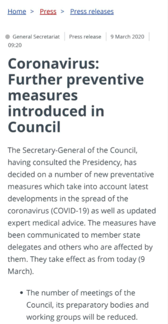 欧洲理事会采取减少会议等措施 防止新冠疫情扩
