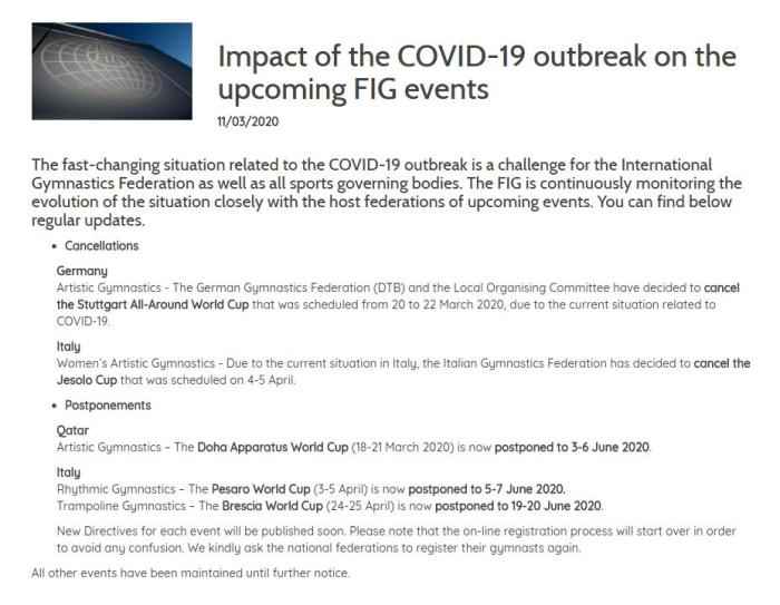 国际体操联合会官网截图 国际体联宣布多项赛事延期或取消 奥运备战时间