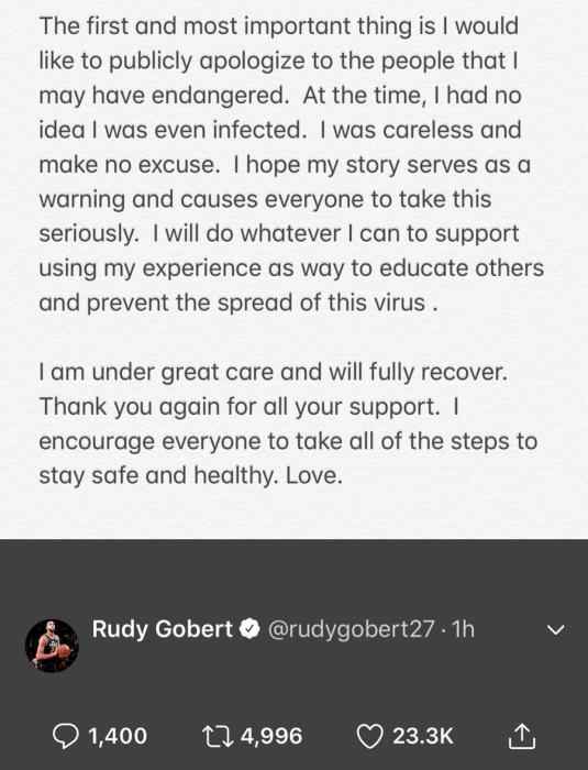 戈贝尔发布长文 NBA首例新冠肺炎确诊患者戈贝尔道歉:没有任何