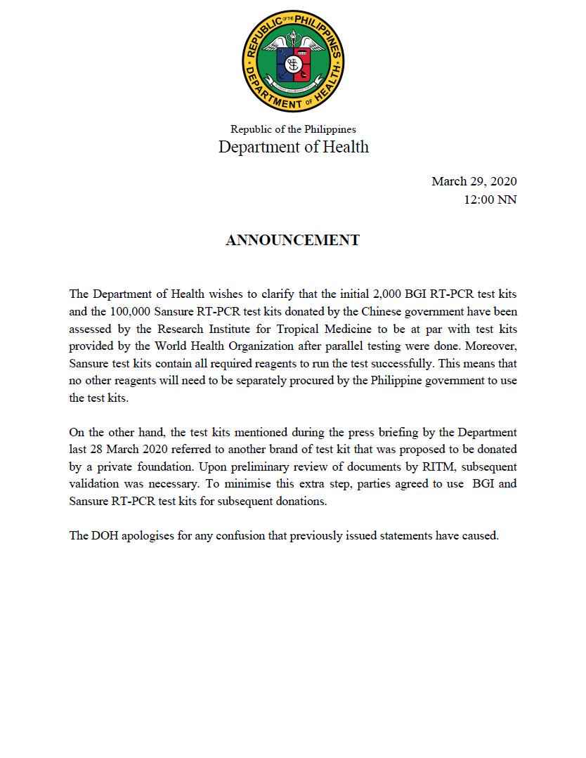 菲律宾称中国援菲试剂盒符合世卫标准 并表示歉