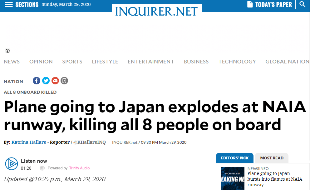 菲律宾一执行医疗任务飞机起火坠毁 机上8人全遇