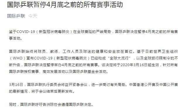 国际乒联公告 国际乒联暂停4月底前所有赛事 将影响后两站公开