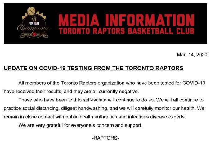 猛龙队官方声明。 多伦多猛龙:参与新冠肺炎病毒检测成员结果均
