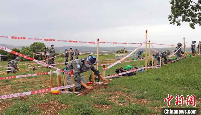 图为全体扫雷作业手分组、同时在模拟训练场内进行扫雷训练。 孙帅 摄 中国赴黎维和扫雷官兵再次转场黎以边境“蓝线