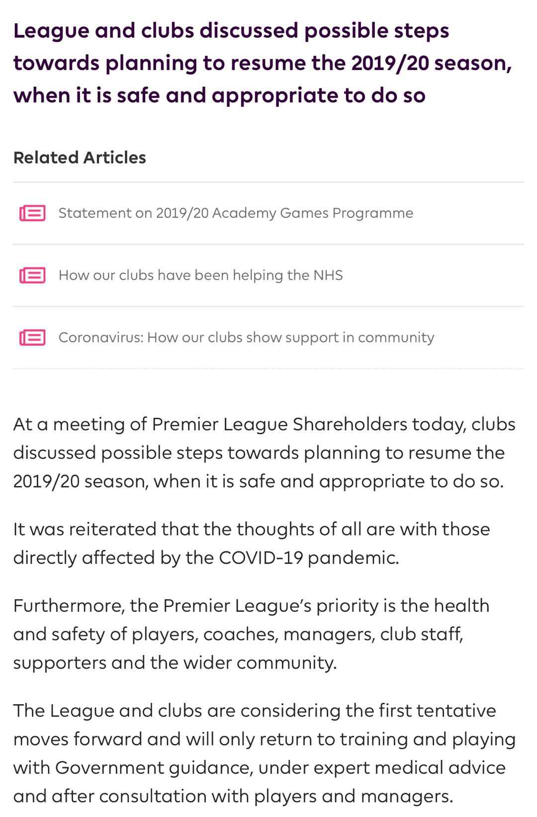 英超官网消息截图 拒绝效仿法甲?英超、意甲均有意重启本赛季赛