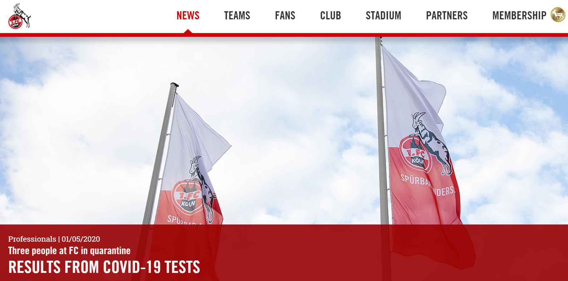 科隆官方网站公告截图 科隆复训三人新冠检测呈阳性 德甲联赛重启蒙阴