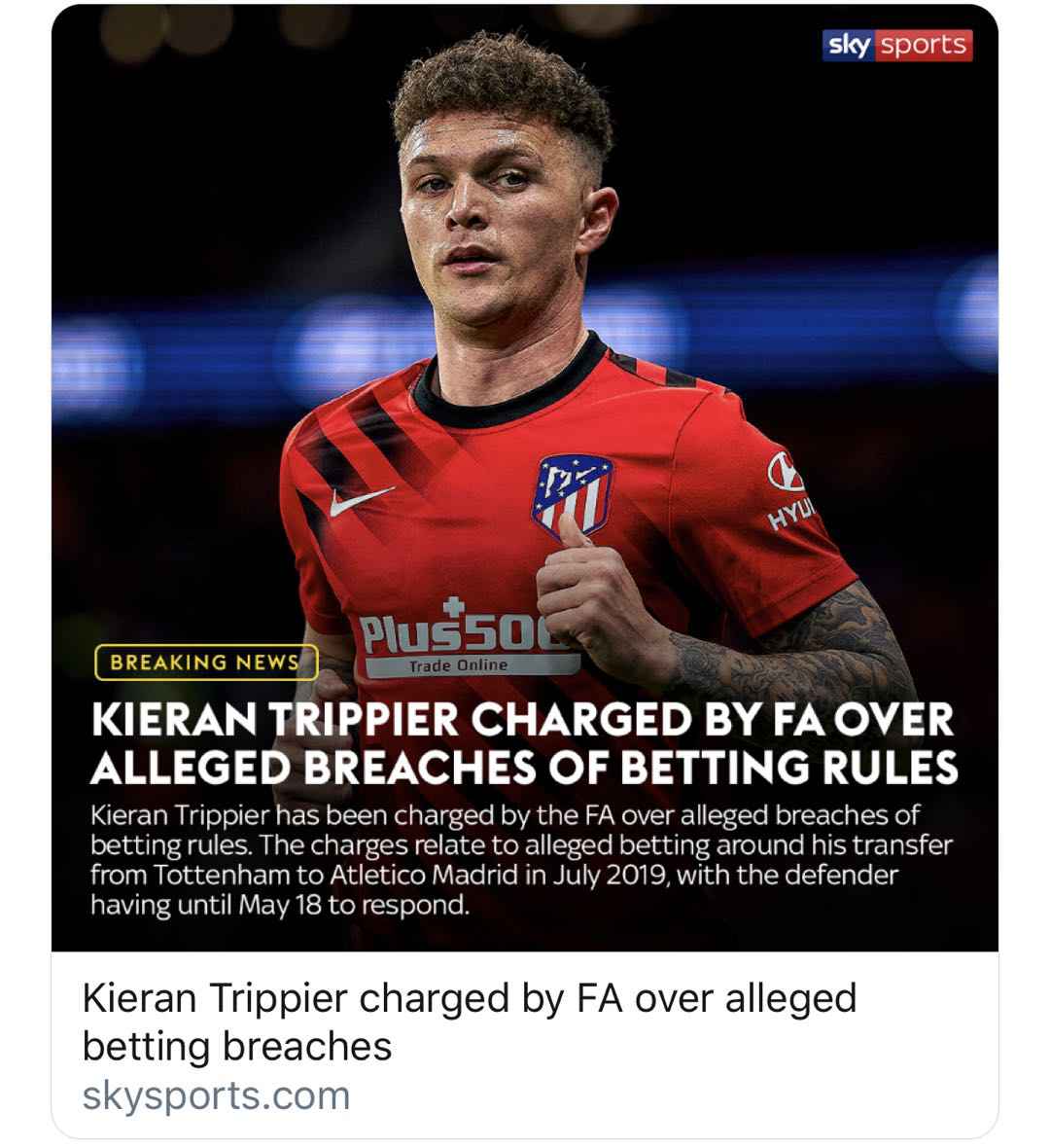 天空体育报道截图 英足总翻旧账!指控特里皮尔涉嫌不当投注行为