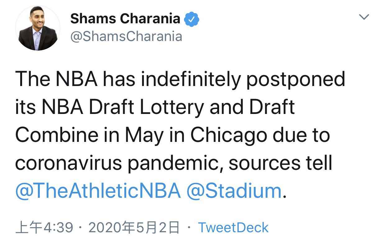 NBA乐透抽签与联合试训延期 选秀大会亦难如期举