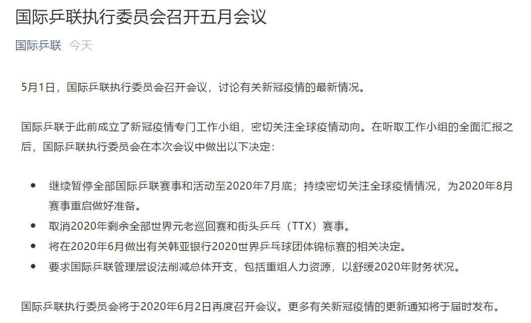 国际乒联执委会召开会议 将为8月赛事重启做好准