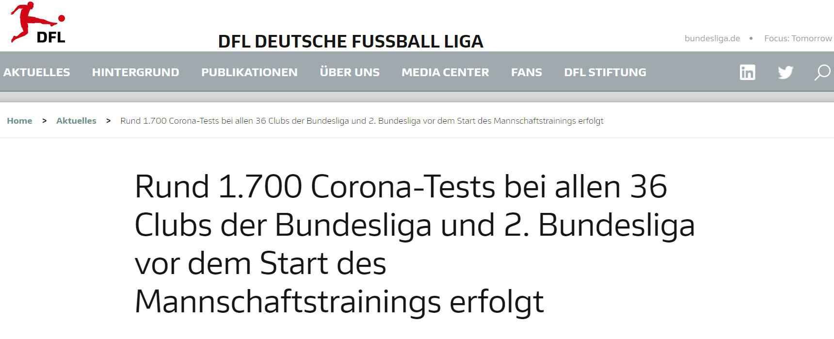 德国足球联盟官网消息 德甲德乙36队进行新冠大规模检测:10人呈阳性