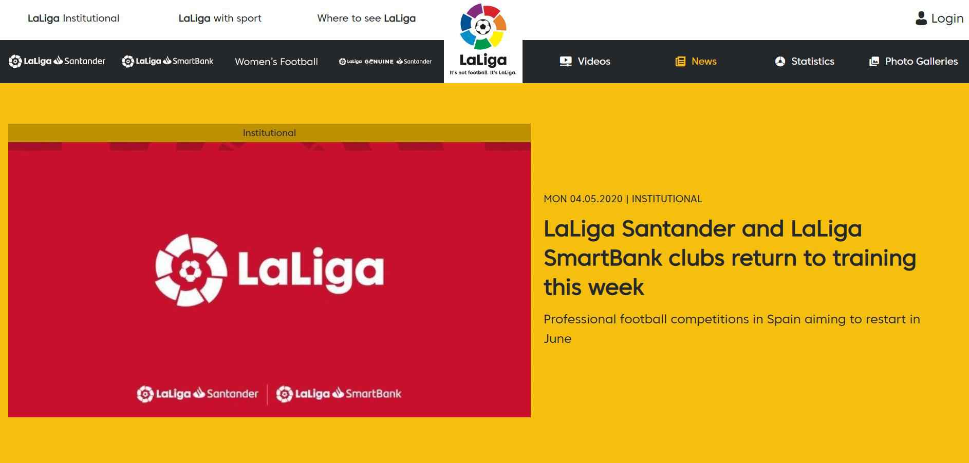 西甲官网消息截图 西甲俱乐部复训在即 目标于六月全面恢复比赛