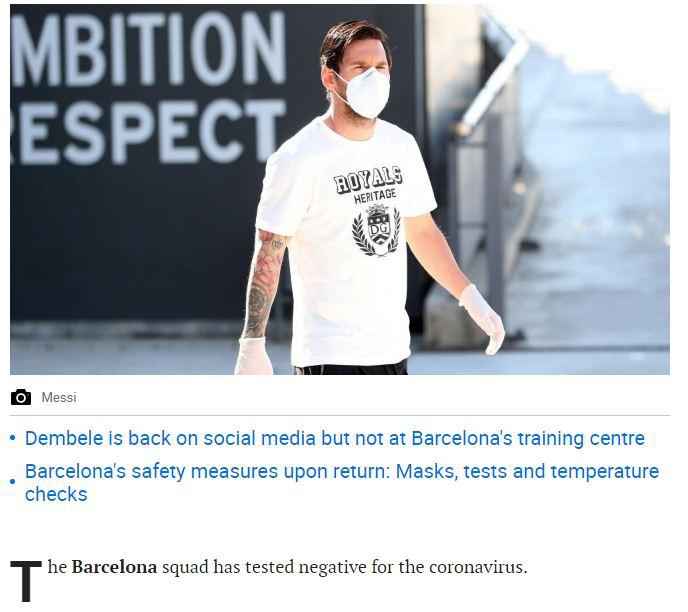 外媒报道截图。 外媒:巴萨一线队员新冠检测呈阴性 将恢复训练
