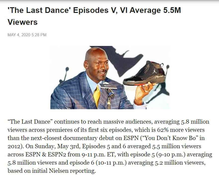 乔丹个人纪录片观众人数继续下滑 均数仍超500万