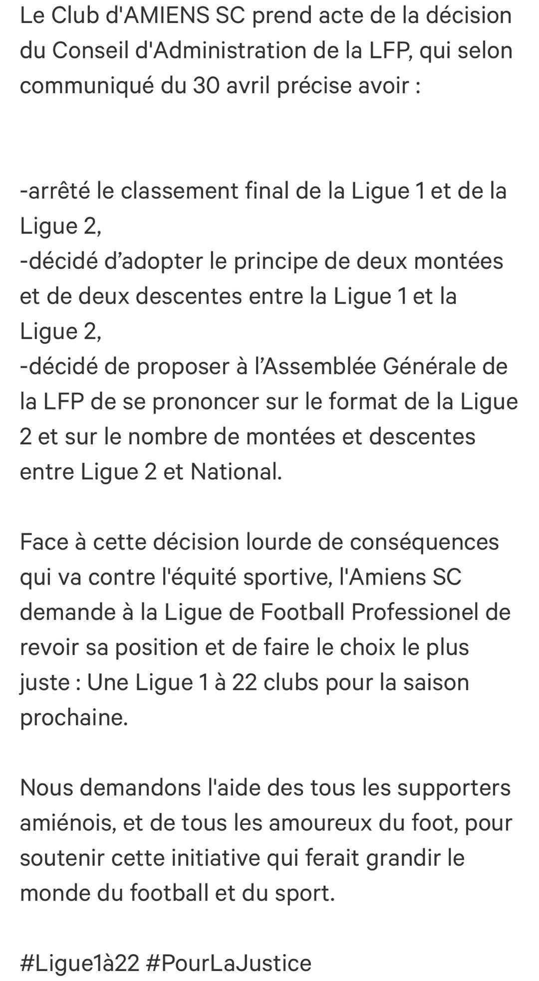 法甲赛季取消后遗症浮现 亚眠请愿维护公平取消