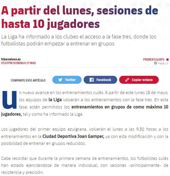 巴萨俱乐部官网消息截图 巴萨宣布将恢复团队训练 西甲防疫已进“第三阶