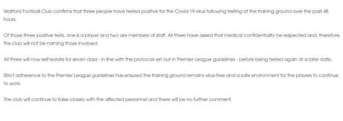 俱乐部公告截图 沃特福德3人新冠病毒检测呈阳性 多名球员拒绝恢