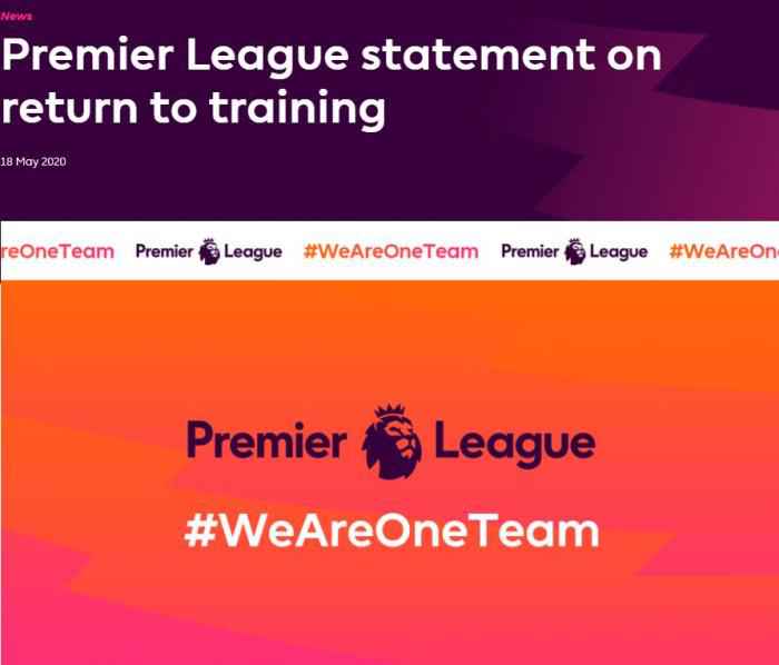 英超官网截图 有望重启?英超官方:本周二起可恢复团队训练