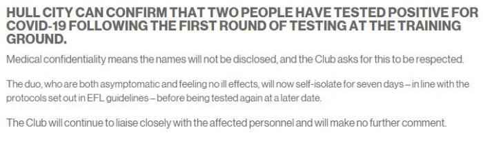 公告截图 赫尔城2人新冠病毒检测呈阳性,伯恩茅斯也有人
