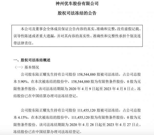 神州优车：陆正耀所持公司股份已全部被司法冻