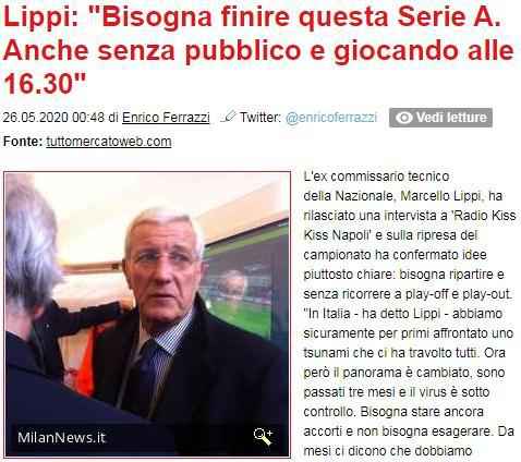 外媒截图 里皮:支持意甲联赛重启 但不希望出现附加赛