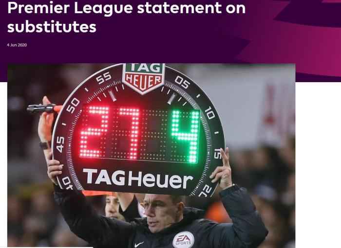 英超再发公告,通过每场5提不反感。 英超通过复赛后每场五换人名额方案 替补席增至