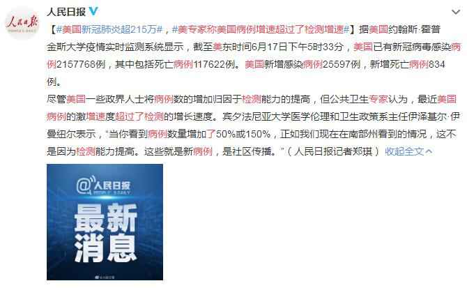 美专家称美国病例增速超过了检测增速 新增死亡