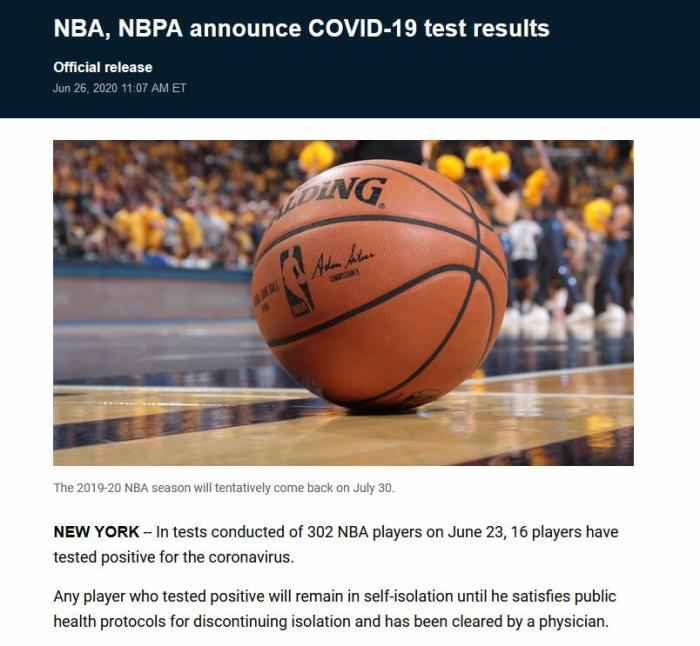 截图来自于NBA官方 复赛在即NBA公布核酸检测结果,302名球员16人阳性