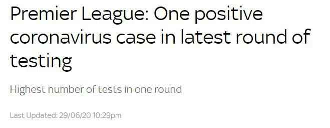 图片来源:外媒截图 英超第11轮新冠检测结果出炉 2250人中1人呈阳性