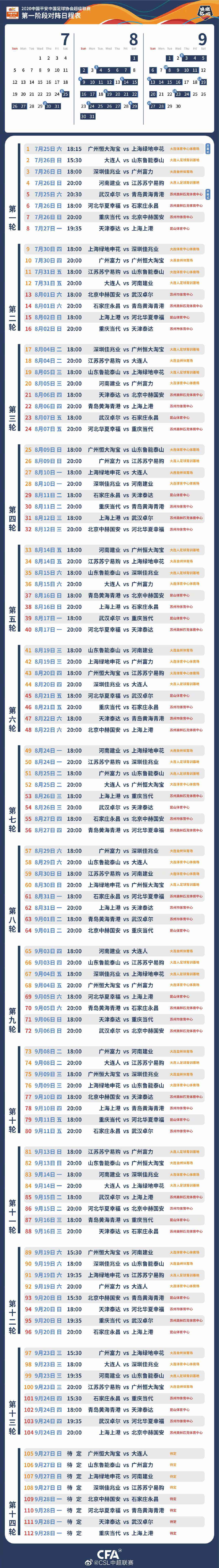 图片来源:中超联赛官微 中超首阶段赛程公布 揭幕日恒大申花携手卓尔黄