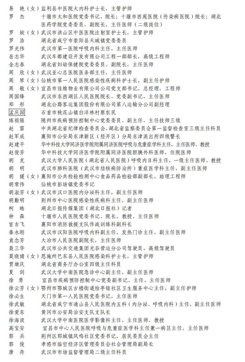 湖北抗疫国家级表彰评选推荐名单公示:刘智明