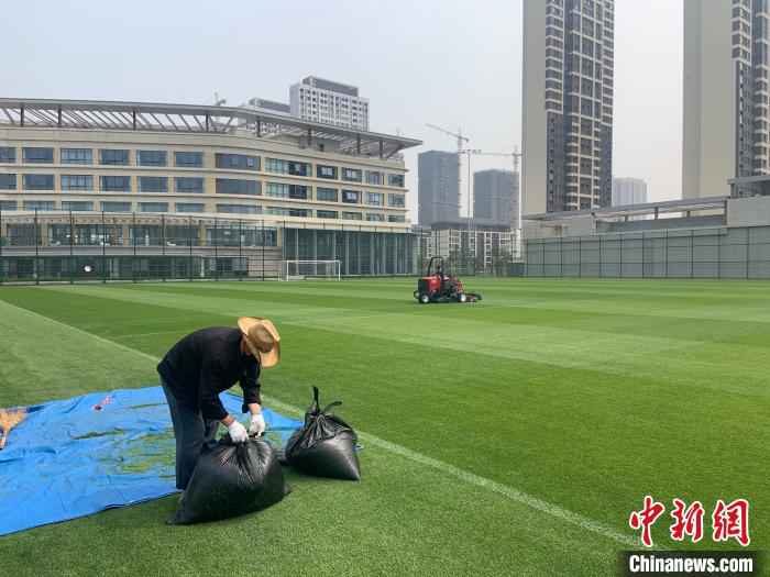 图为大连人足球青训基地里,工作人员对草坪进行休整。 邓涵竹 摄 探营中超联赛大连赛区场馆:防疫比赛两不误