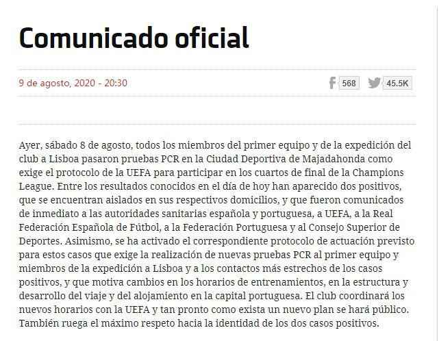 马竞足球俱乐部官网截图。 欧冠蒙阴!西甲豪门马德里竞技2人新冠检测呈阳