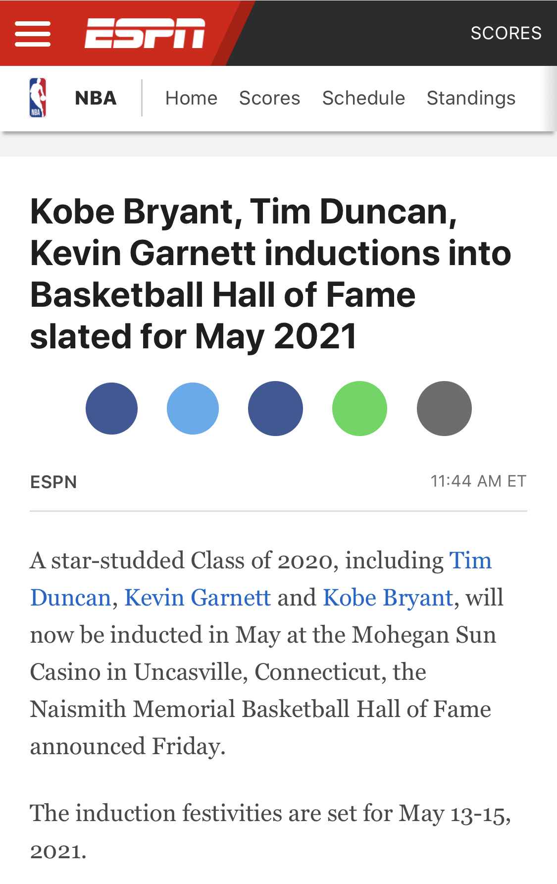 外媒报道截图。 2020届篮球名人堂入选典礼推迟至2021年举行