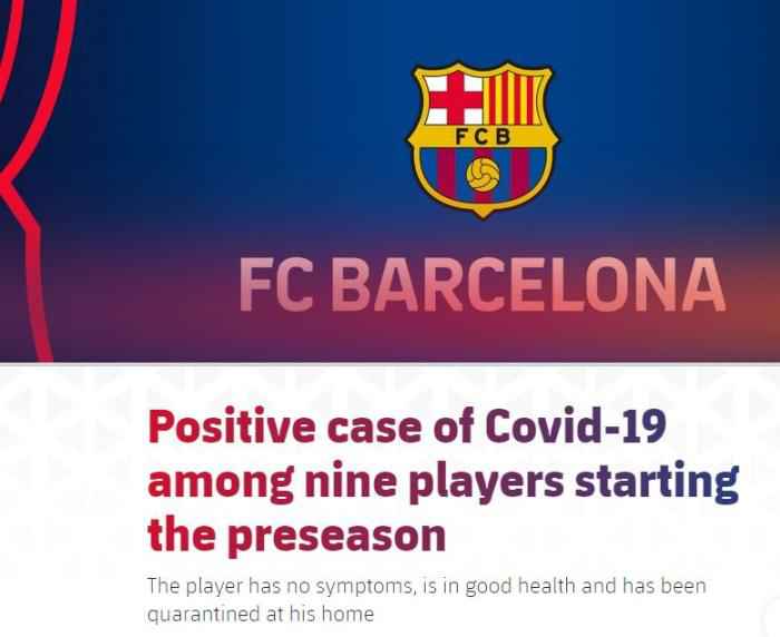 巴萨官网截图。 巴萨确诊一例新冠肺炎感染病例 目前隔离在家