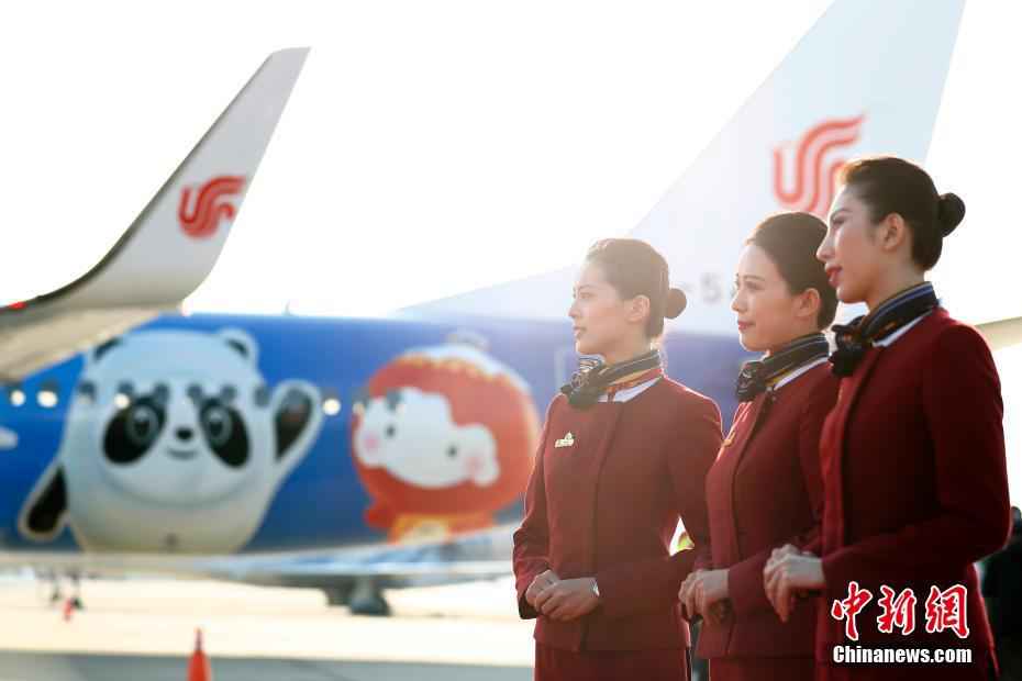 5日，北京2022年冬奥会和冬残奥会首架主题彩绘飞机“冬奥冰雪号” 在北京首都国际机场正式亮相，并飞往成都完成首航。 /p中新社记者 富田 摄