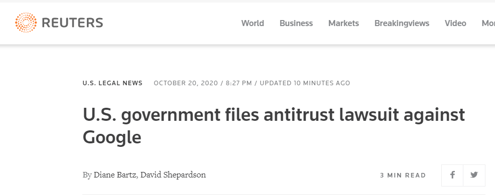 路透社：美国政府对谷歌提起反垄断诉讼