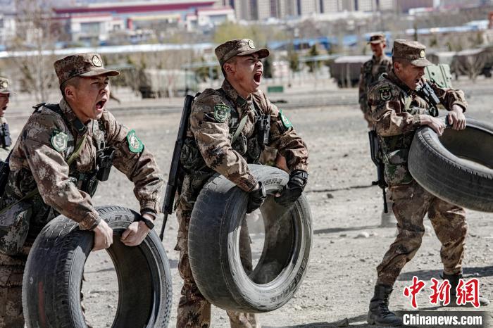 图为西藏军区某旅新兵进行举轮胎训练。　西藏军区某旅 摄
